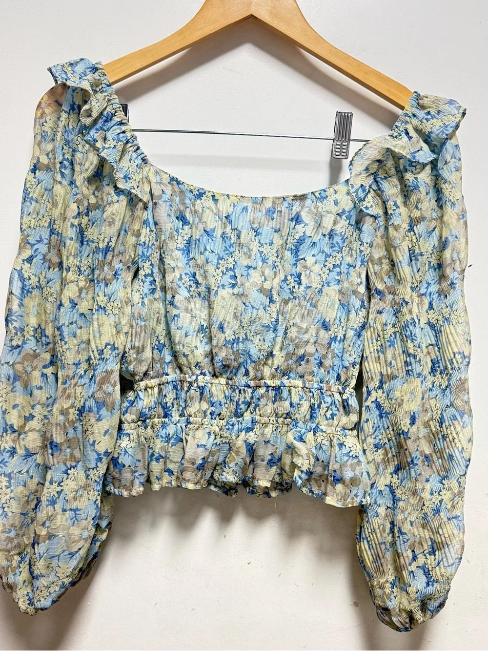 Astr Floral Square-Neck Smocked Peplum Blouse - Light Blue & Cream
